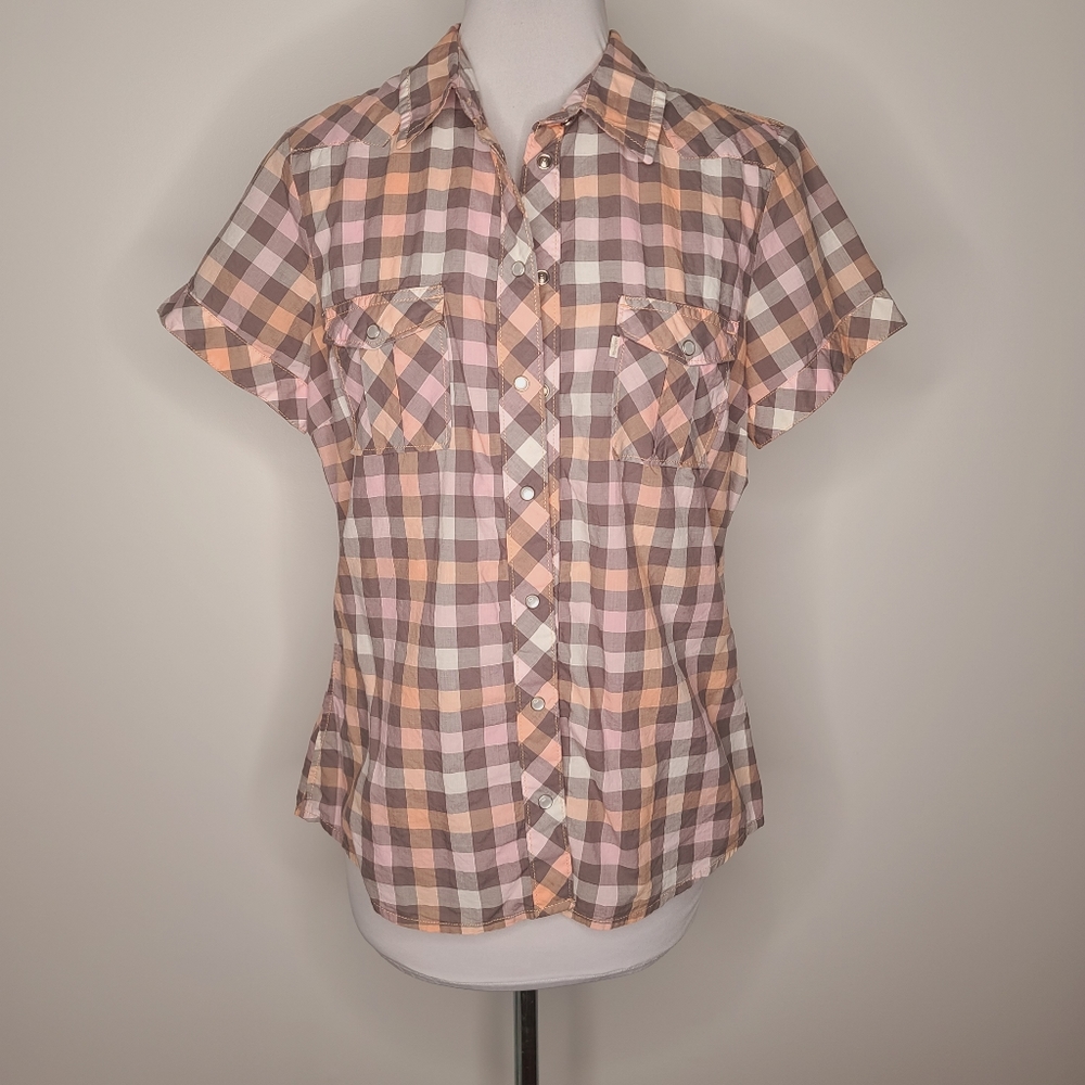 Levi's Plaid Button Down Short Sleeve Top in Pink, Peach, & Grey Size L/G Large